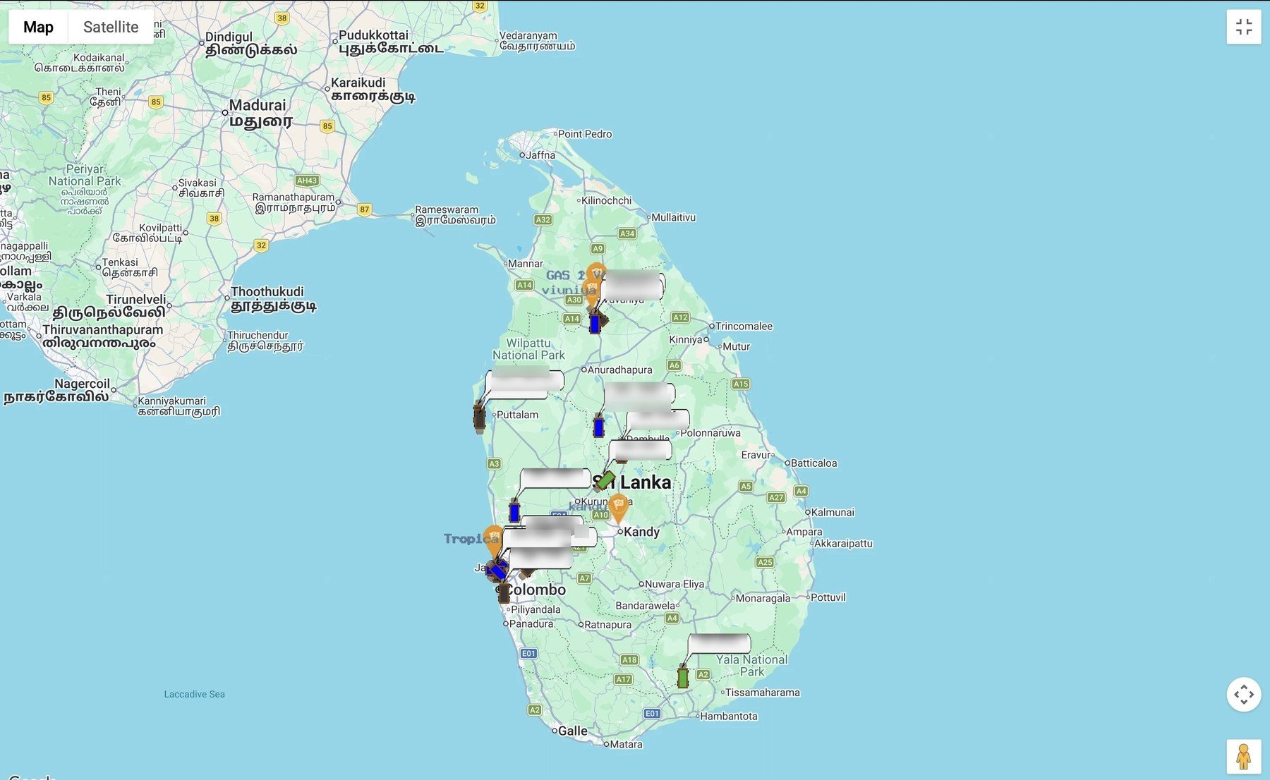 Divron's vehicle-tracking map, showing the fleet spread across Sri Lanka on a working day